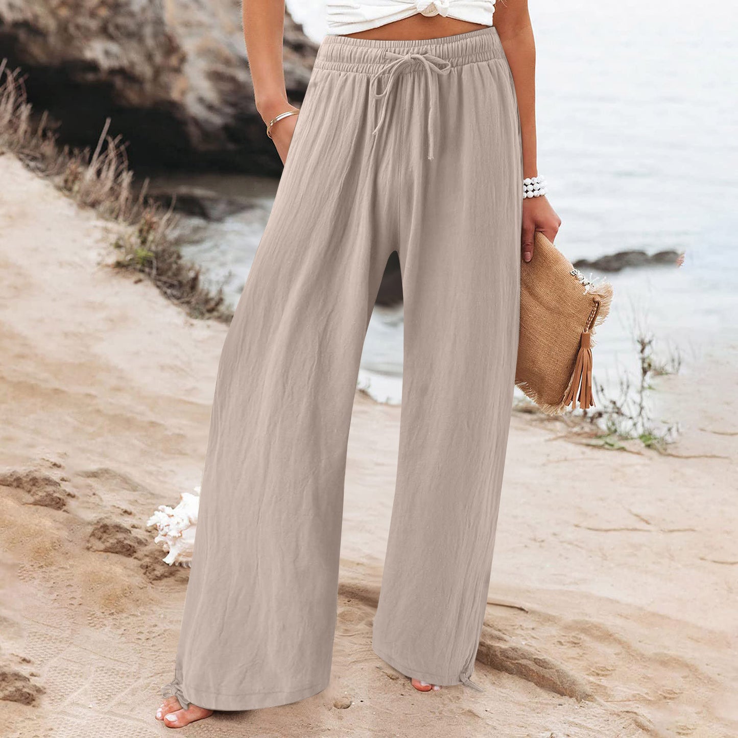 Womens Elastic Casual Solid-color Wide-leg Pants