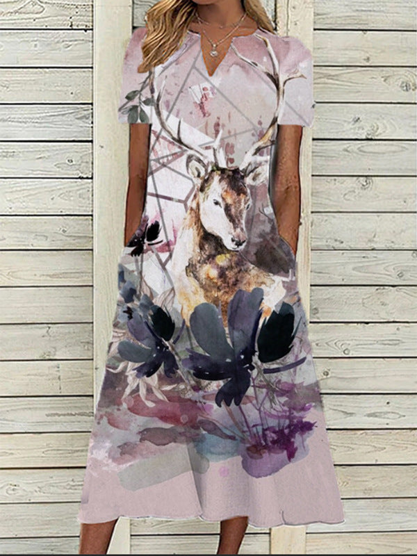 Women's Oil Painting Flower V-neck A- Line Dress