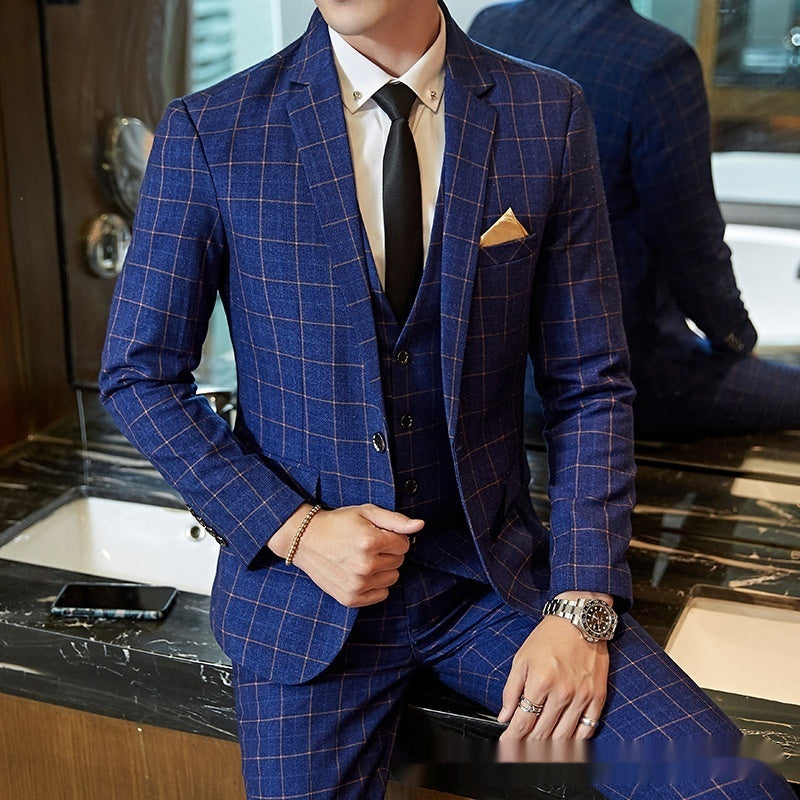 Abito da uomo in stile coreano, vestibilità slim, a quadri, casual
