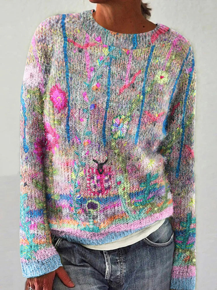 Ladies' 3D Printed Sweater Casual Loose Long Sleeved Knitted Top - A Fashionable And Comfortable Choice For Daily Wear