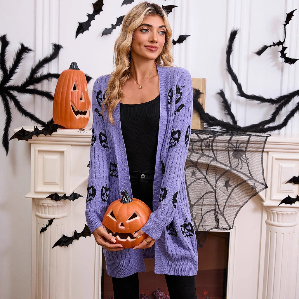 Women's Halloween Pumpkin Head Jacquard Knitted Cardigan Coat Sweater