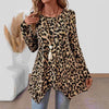 Loose-fitting Casual Round-neck Leopard Print Knitted Asymmetric Hem Top