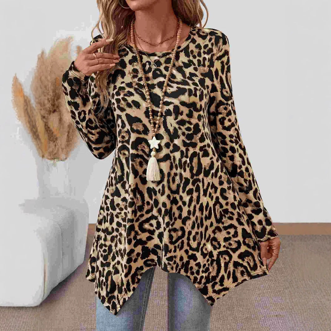 Loose-fitting Casual Round-neck Leopard Print Knitted Asymmetric Hem Top