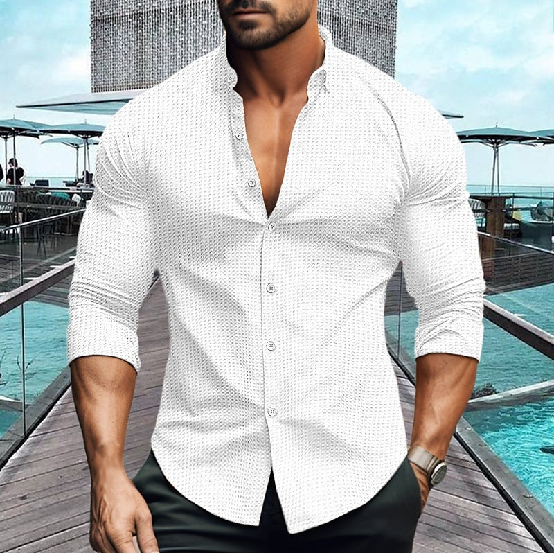European And American Men's Solid Color Long-sleeved Shirt