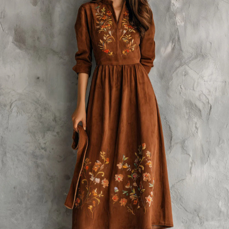 Vintage Brown Floral Embroidered Suede Midi Dress