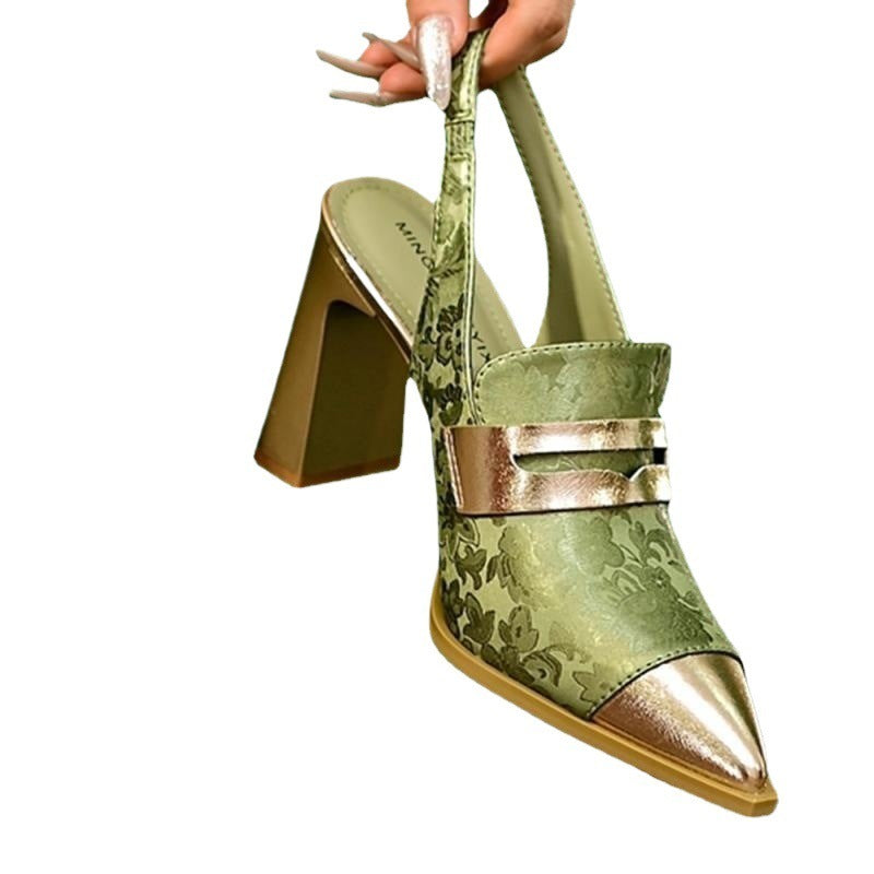 Printed High Heels Chunky Heel Pointed-toe High-cut All-match Strap Sandals