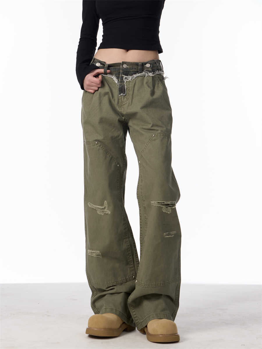 Ripped Cargo Jeans Straight Logging Casual Trousers