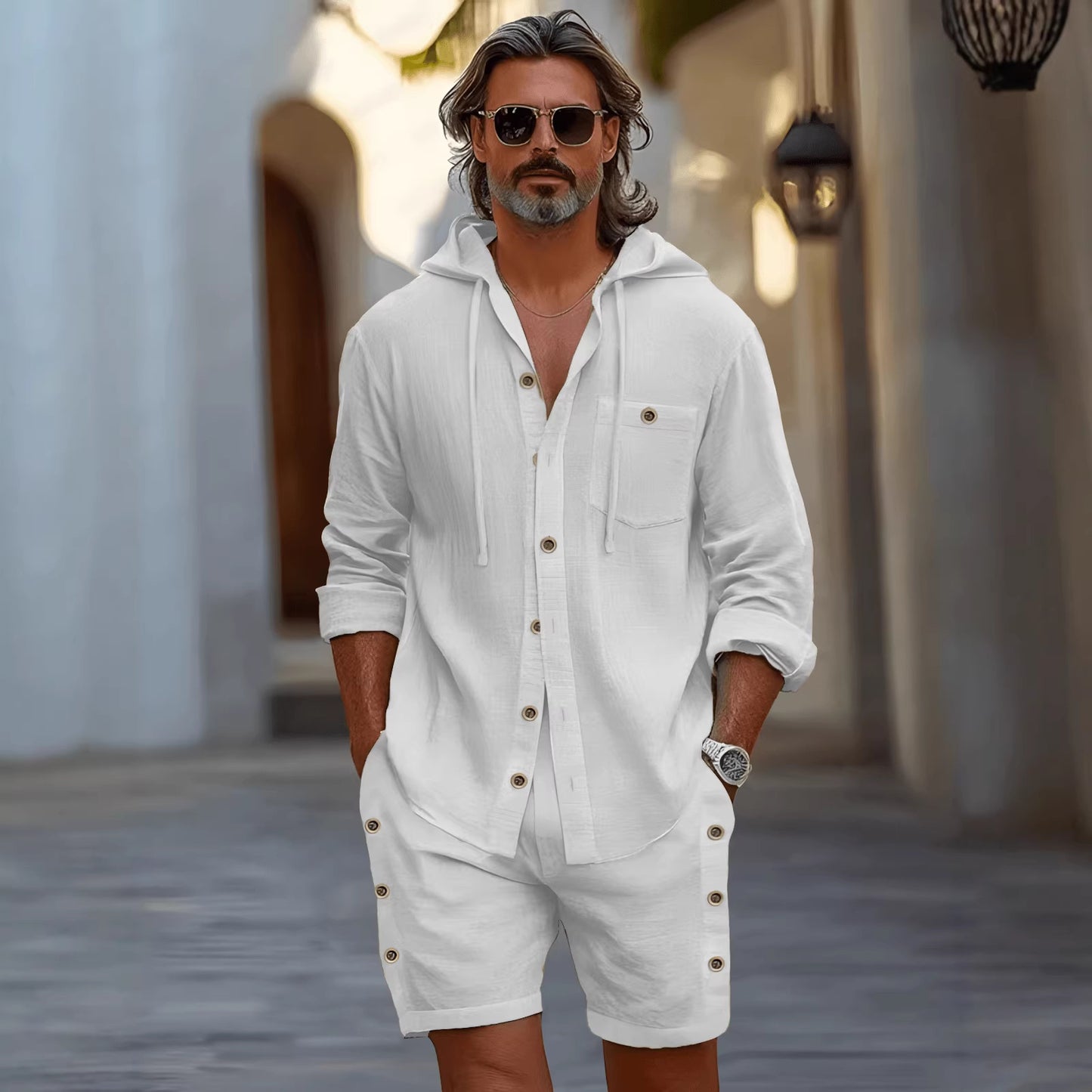 Completo due pezzi da uomo camicia a maniche lunghe con cappuccio e pantaloncini, per tutte le stagioni