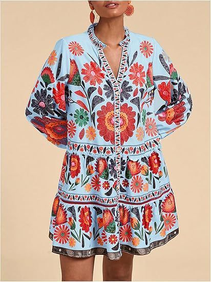 Floral Print Short Bohemian Beach Long Sleeve Button-down Flowy Blouse Dress