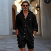 Completo due pezzi da uomo camicia a maniche lunghe con cappuccio e pantaloncini, per tutte le stagioni