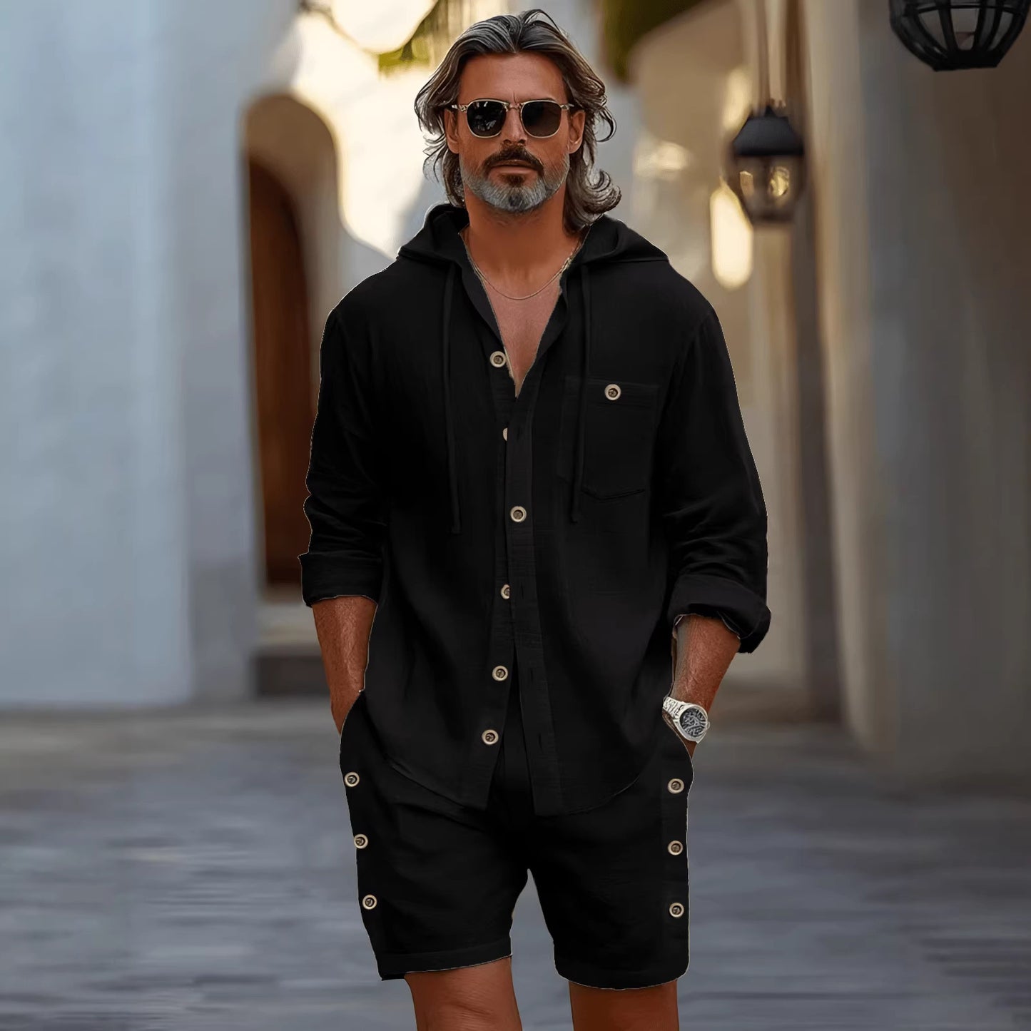 Completo due pezzi da uomo camicia a maniche lunghe con cappuccio e pantaloncini, per tutte le stagioni