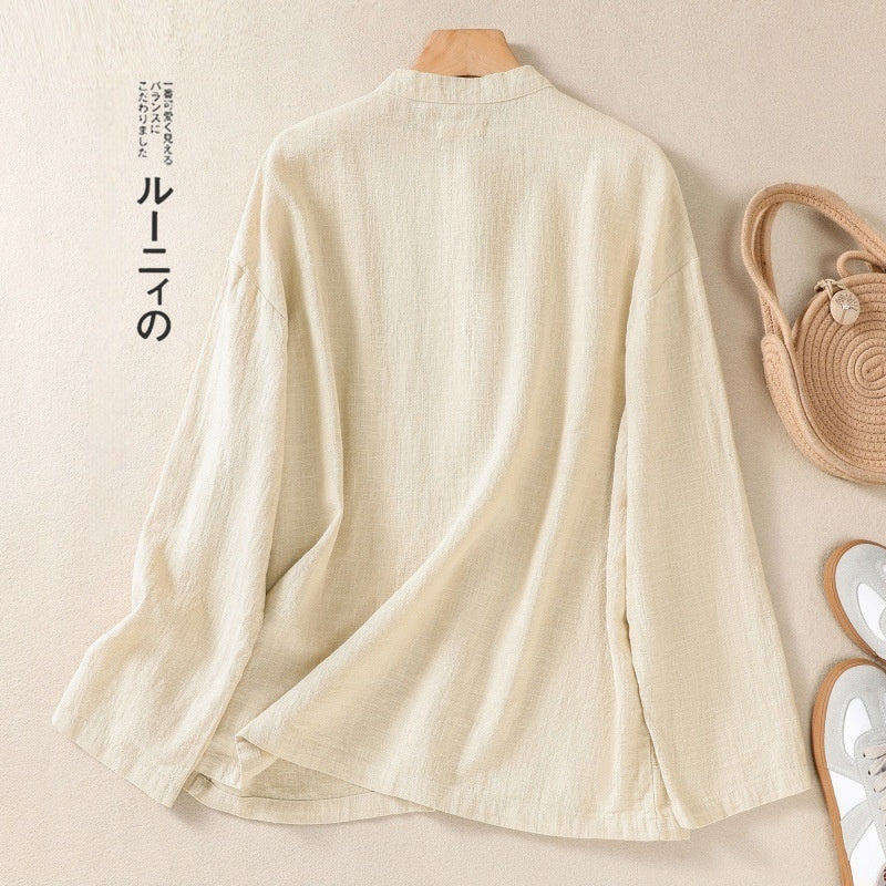 Spring And Autumn Artistic Stand-up Collar Color Matching Buckle Pullover Women's Cotton And Linen Shirt