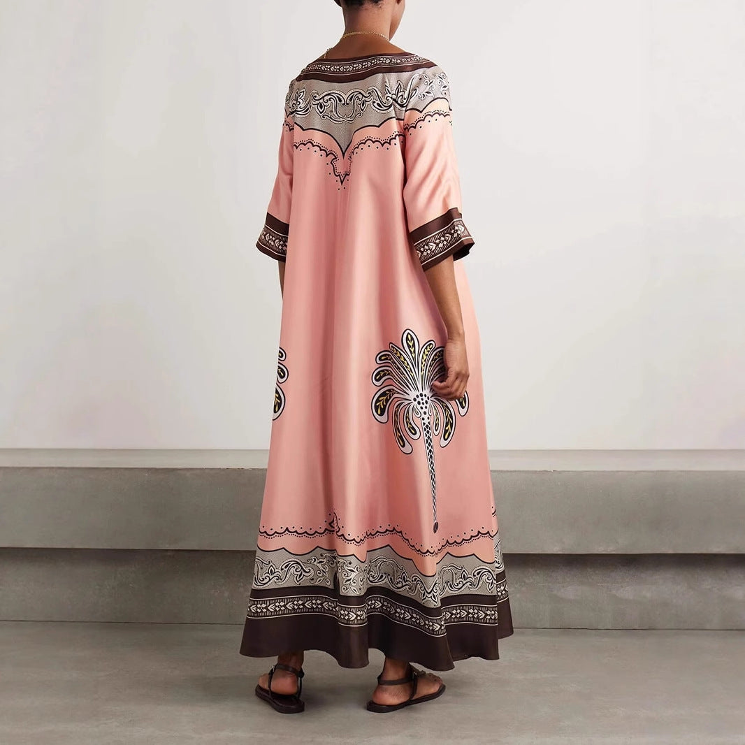 Casual Printed V-Neck Loose Satin Resort Dress