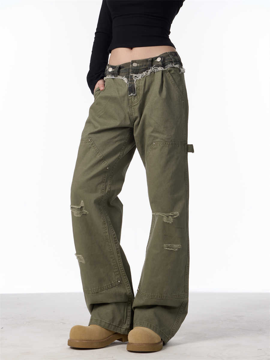 Ripped Cargo Jeans Straight Logging Casual Trousers