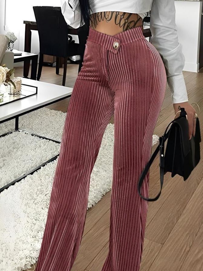 Fashionable Gold Velvet Striped Casual Women's Pants