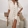 Womens Solid-Color Single-Breasted New Puff-Sleeve Dress