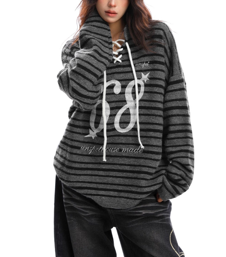 Loose Mixed Color Stripe Lace-up Sweater