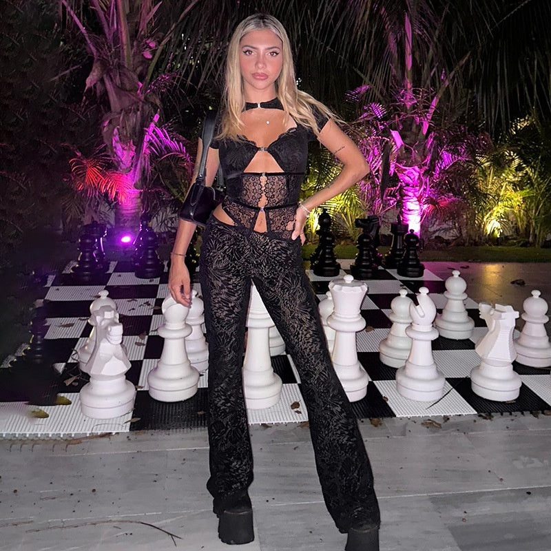 Sexy Lace Stitching Short Sleeve Hollow-out Top High Waist Straight Bootcut Pants Suit