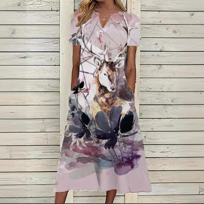 Women's Oil Painting Flower V-neck A- Line Dress