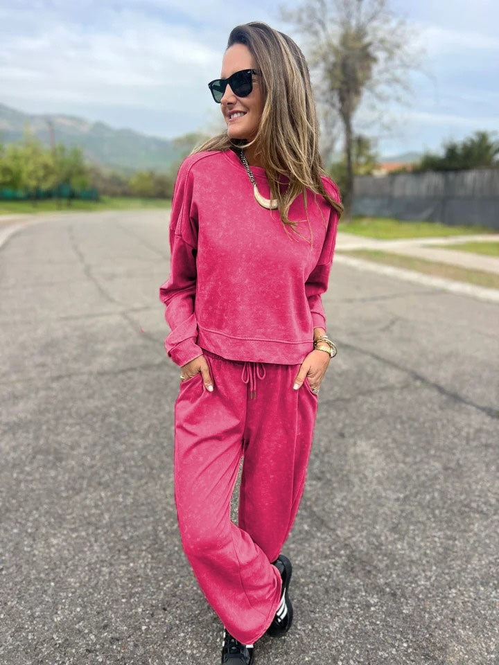 Women's Casual All-matching Lace-up Crew Neck Long Sleeve Blouse And Pants
