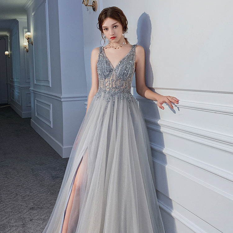 Vestito sottile scollato a V sexy senza schienale con paillettes