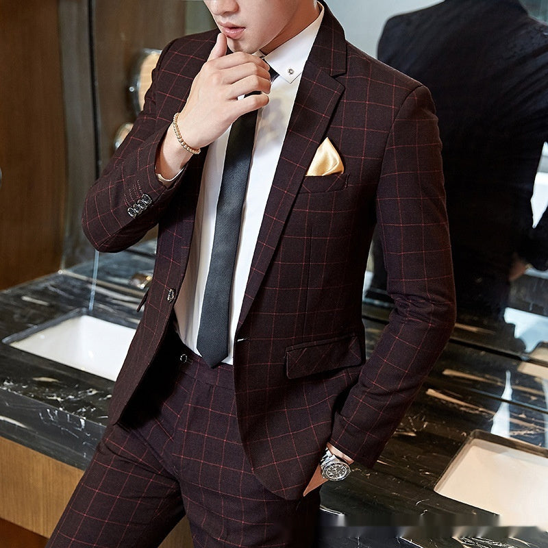Abito da uomo in stile coreano, vestibilità slim, a quadri, casual