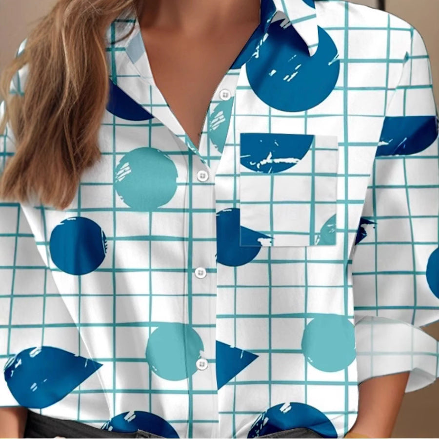 Top da donna a maniche lunghe casual con tasca a quadri