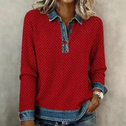 Womens Denim-Style Fake Two-Piece Knitted Jacket