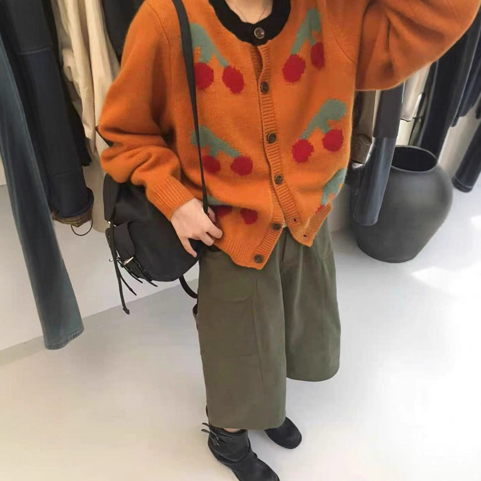 Round Neck Contrast Color Knitwear Cherry Embroidery Jacquard Women's Sweater