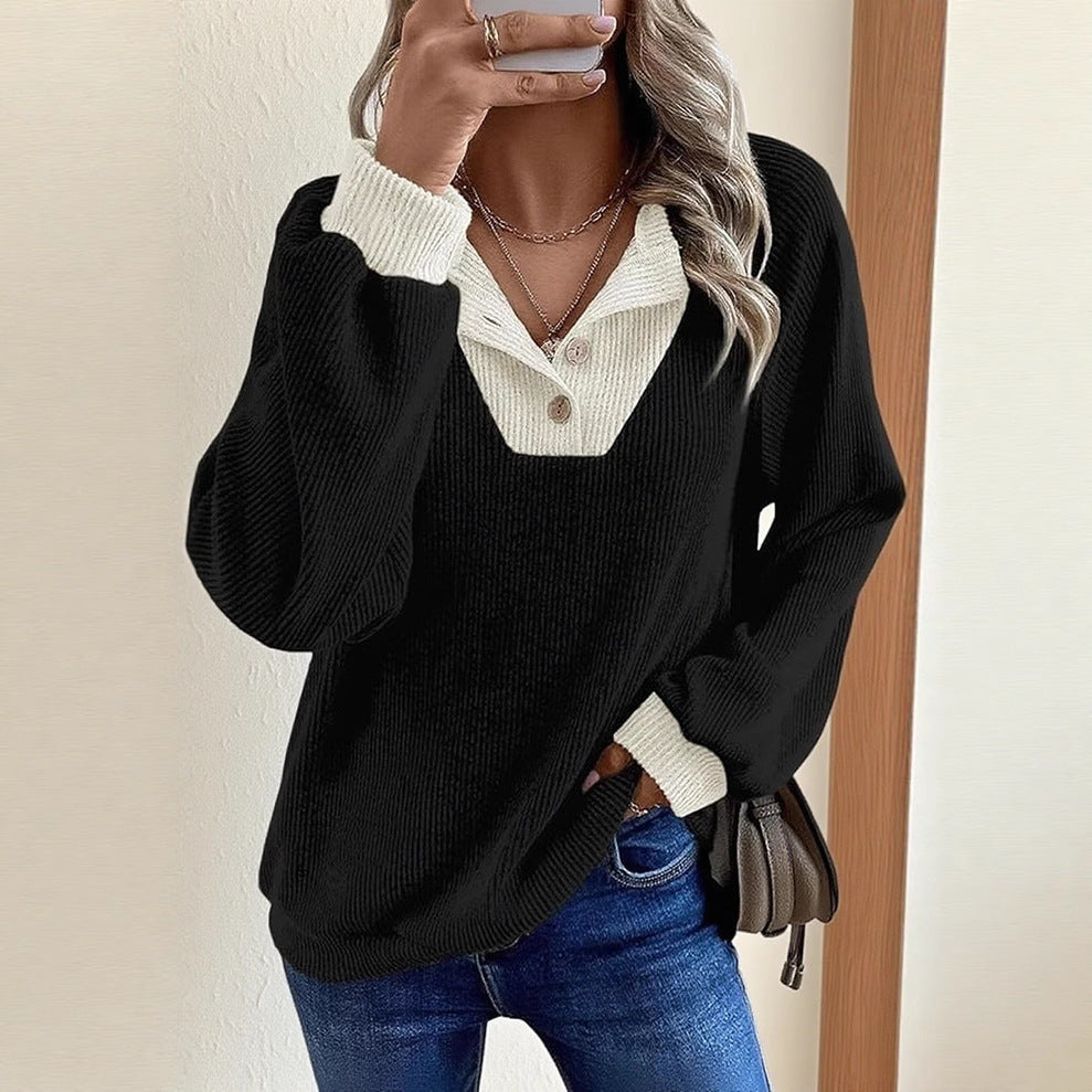 Women's Color Matching Casual Loose Shoulder Long-sleeved Top