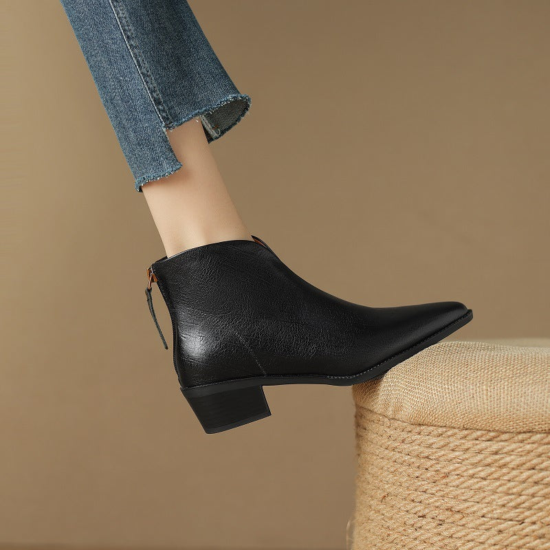 Women's Pointed-toe Retro Cowhide Ankle Boots