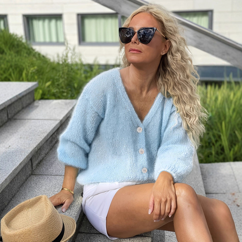 Solid Color And V-neck Knitted Solid Color Casual Cardigan Button Top Coat