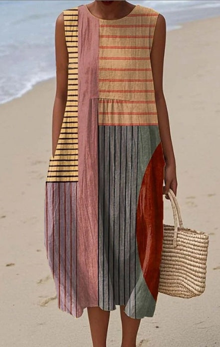 Pocketed Crew-neck Dress With Geometric And Floral Elements