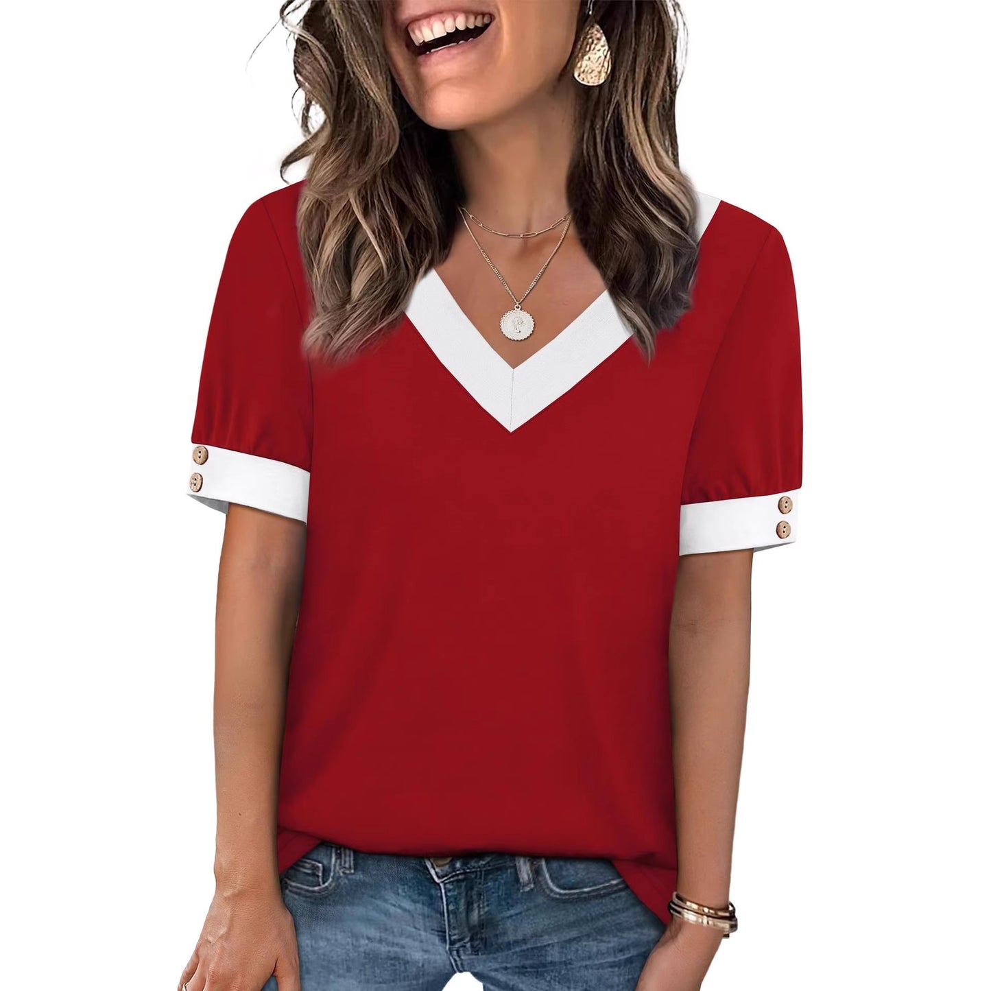 Top smanicato con scollo a V, abbinabile, abbottonato, a maniche corte, a contrasto di colore