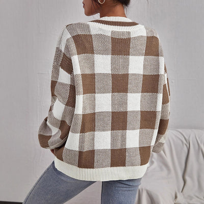Color-contrast Check Sweater Pullover Loose