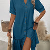Womens Solid-Color Single-Breasted New Puff-Sleeve Dress
