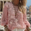Top in lino ampio ricamato a rose, stile retrò bohémien