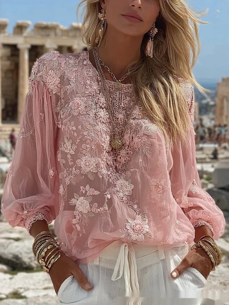 Top in lino ampio ricamato a rose, stile retrò bohémien