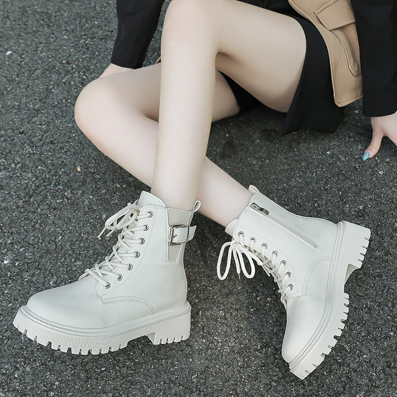 British Style Belt Buckle Lace Black Booties Autumn Winter Boots
