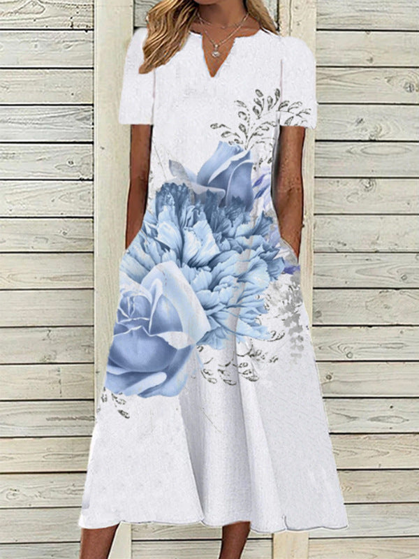 Women's Oil Painting Flower V-neck A- Line Dress