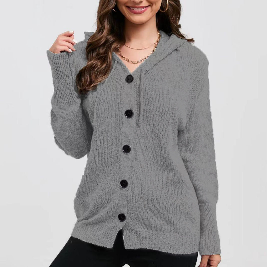 Maglione monopetto con cappuccio in tinta unita da donna