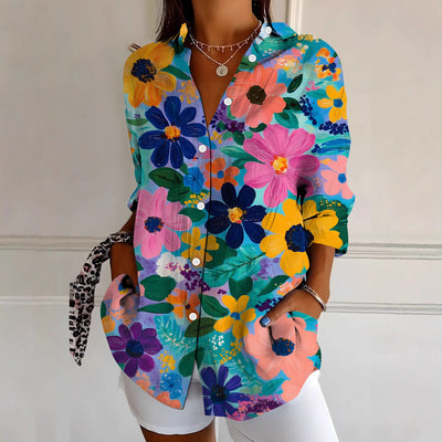 Womens Hawaiian-Style Floral Long-Sleeve Resort Shirt For Summer