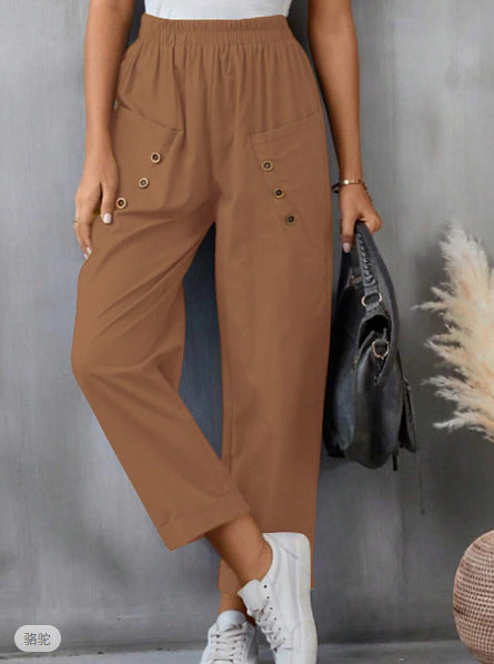 Women's Cotton And Linen Trousers Fashion Street Style Solid Color Pocket Elastic Waist Comfortable Casual Pants