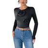 High-elastic Long-sleeve Solid-color 3D Floral Crewneck Jumpsuit