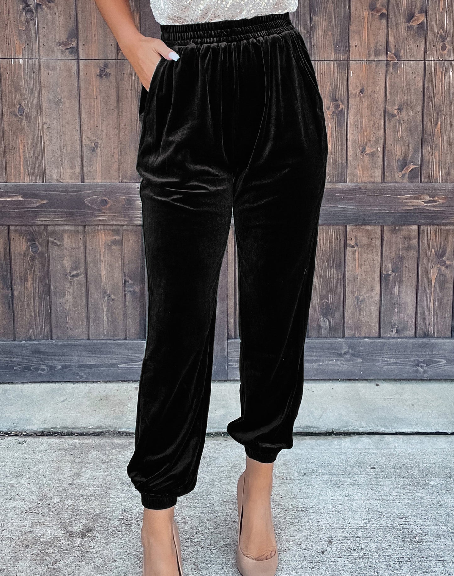 Women's Solid Color Straight Pants With Elastic Waist And Casual Cuffs