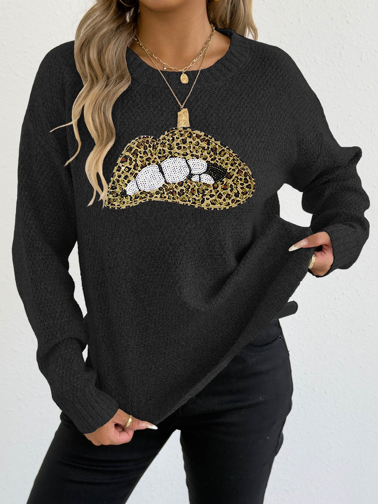 Female Leopard Print Embroidered Sequins Lips Personality Crew Neck Pullover Sweater