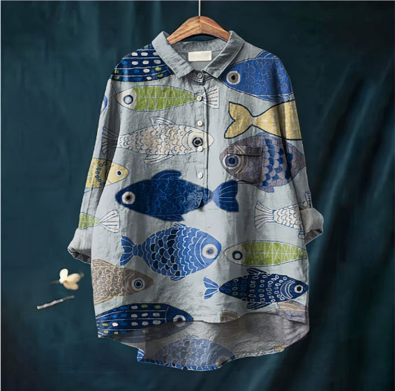 Camicia alla Coreana in Lino di Bambù Stampato Stile Cinese con Colletto Polo