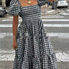 Plaid Square-neck Puffed-sleeve Pleated Dress