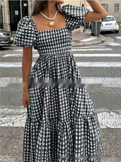 Plaid Square-neck Puffed-sleeve Pleated Dress