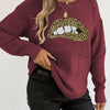 Female Leopard Print Embroidered Sequins Lips Personality Crew Neck Pullover Sweater